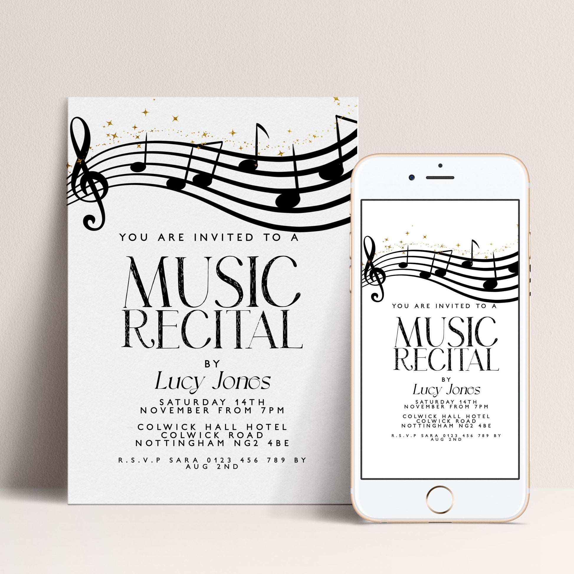 The image is a poster and a mobile phone screen displaying an invitation for a music recital event.