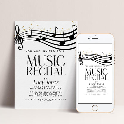 The image is a poster and a mobile phone screen displaying an invitation for a music recital event.
