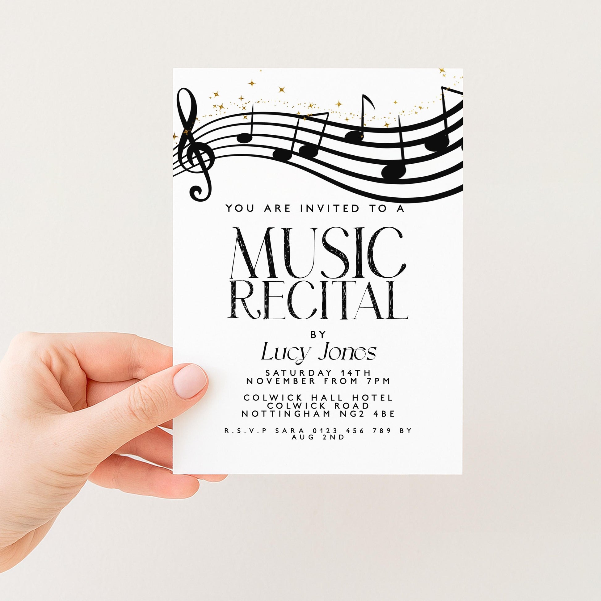 a person holding a white invitation card with black text and a musical note design.