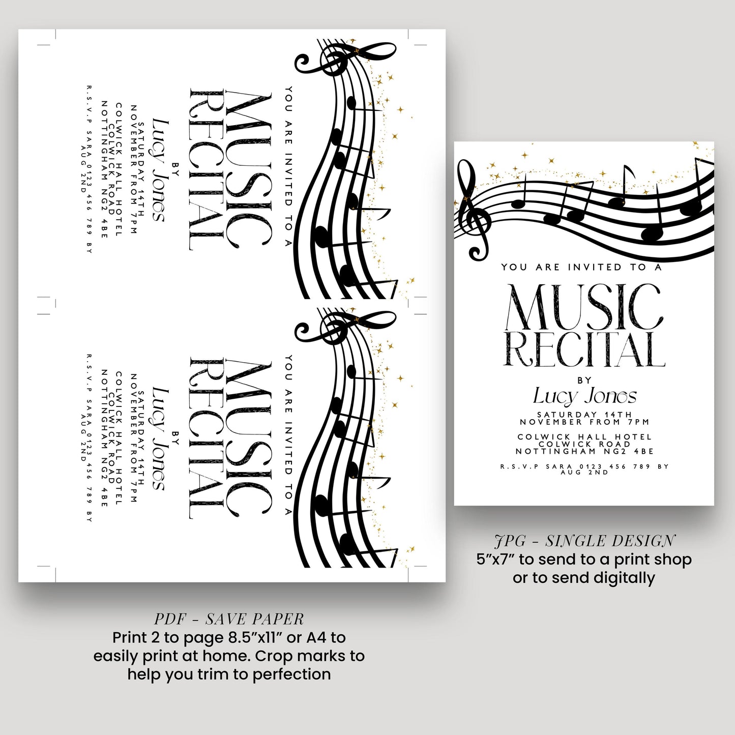 The image is a promotional material for a music recital event. It features a design with musical notes and text inviting people to attend the event.