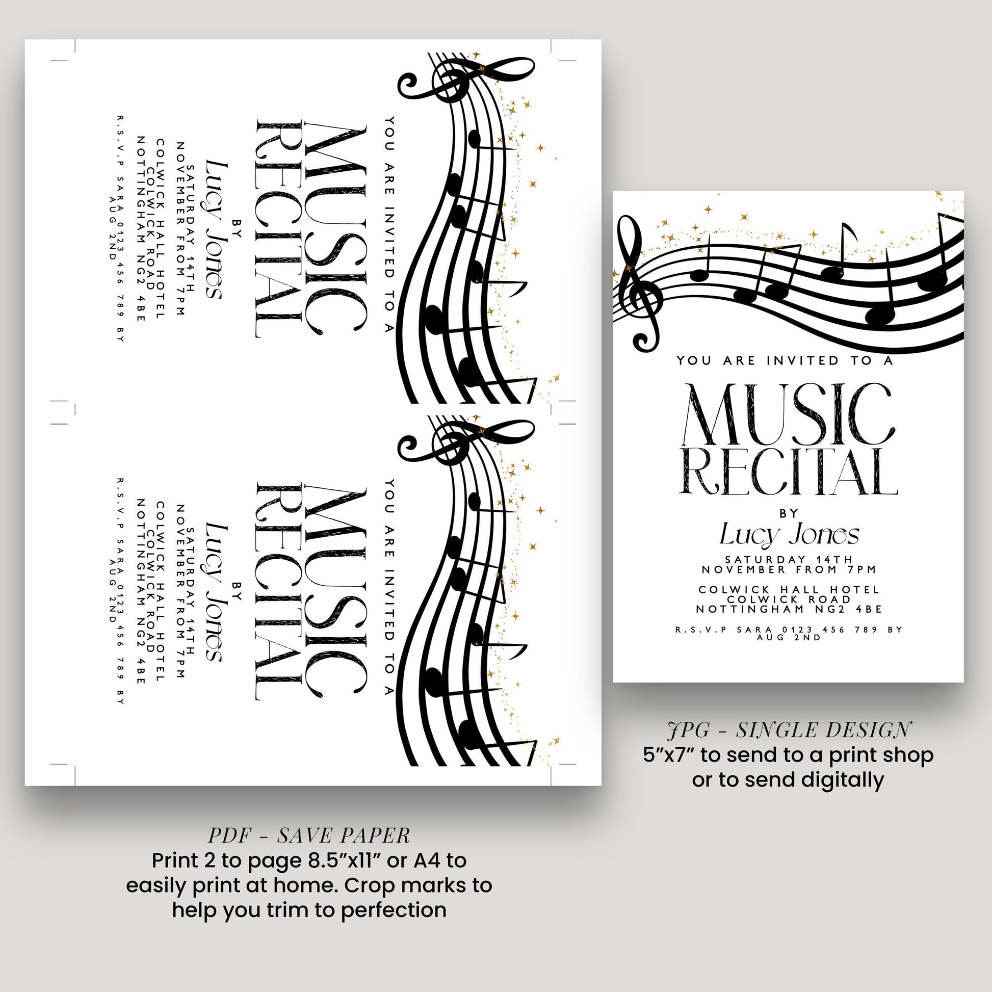 The image is a promotional material for a music recital event. It features a design with musical notes and text inviting people to attend the event.