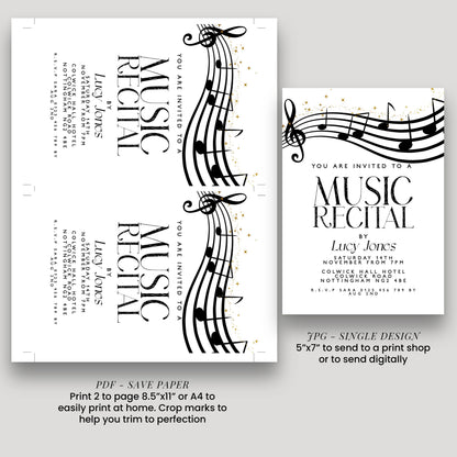 The image is a promotional material for a music recital event. It features a design with musical notes and text inviting people to attend the event.