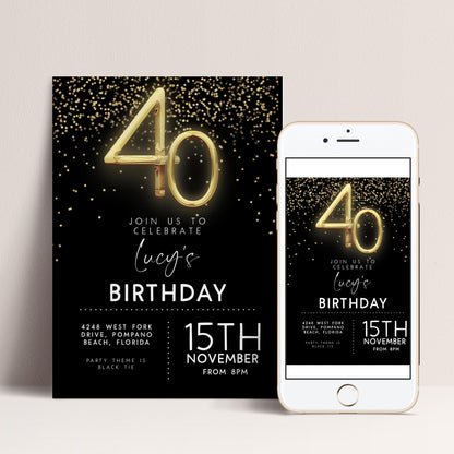The image is a birthday party invitation for Lucy's 40th birthday. It features the number 40 in gold and black, along with a black background with gold glitter. The invitation includes details about the party theme, location, and time.