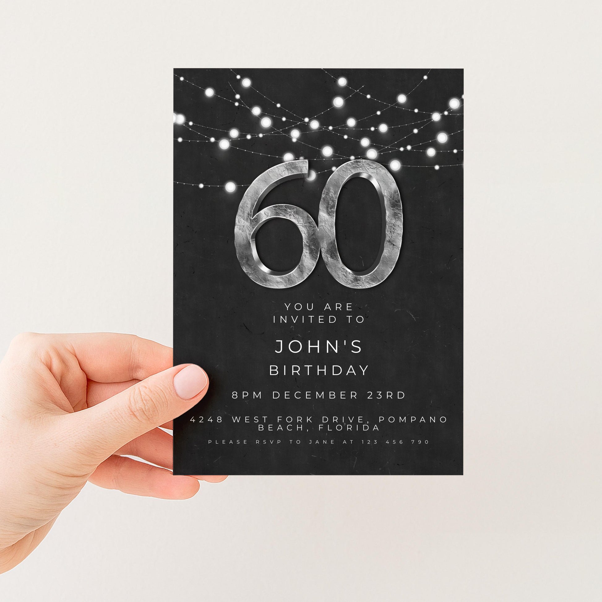 Black Silver Simple 60th Birthday Invitation: Modern Editable Template, Digital Download | Easy To Edit, Printable PDF, Instant Use