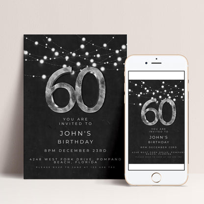 Black Silver Simple 60th Birthday Invitation: Modern Editable Template, Digital Download | Easy To Edit, Printable PDF, Instant Use