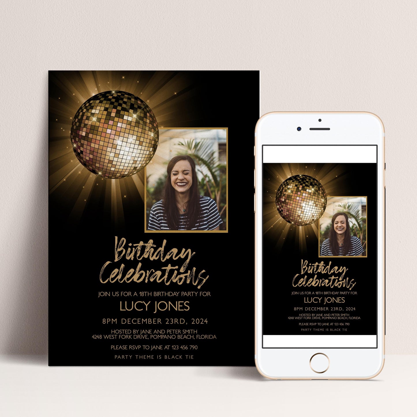 The image is a birthday party invitation for Lucy Jones, featuring a disco ball and a photo of her smiling.