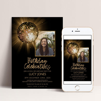 The image is a birthday party invitation for Lucy Jones, featuring a disco ball and a photo of her smiling.