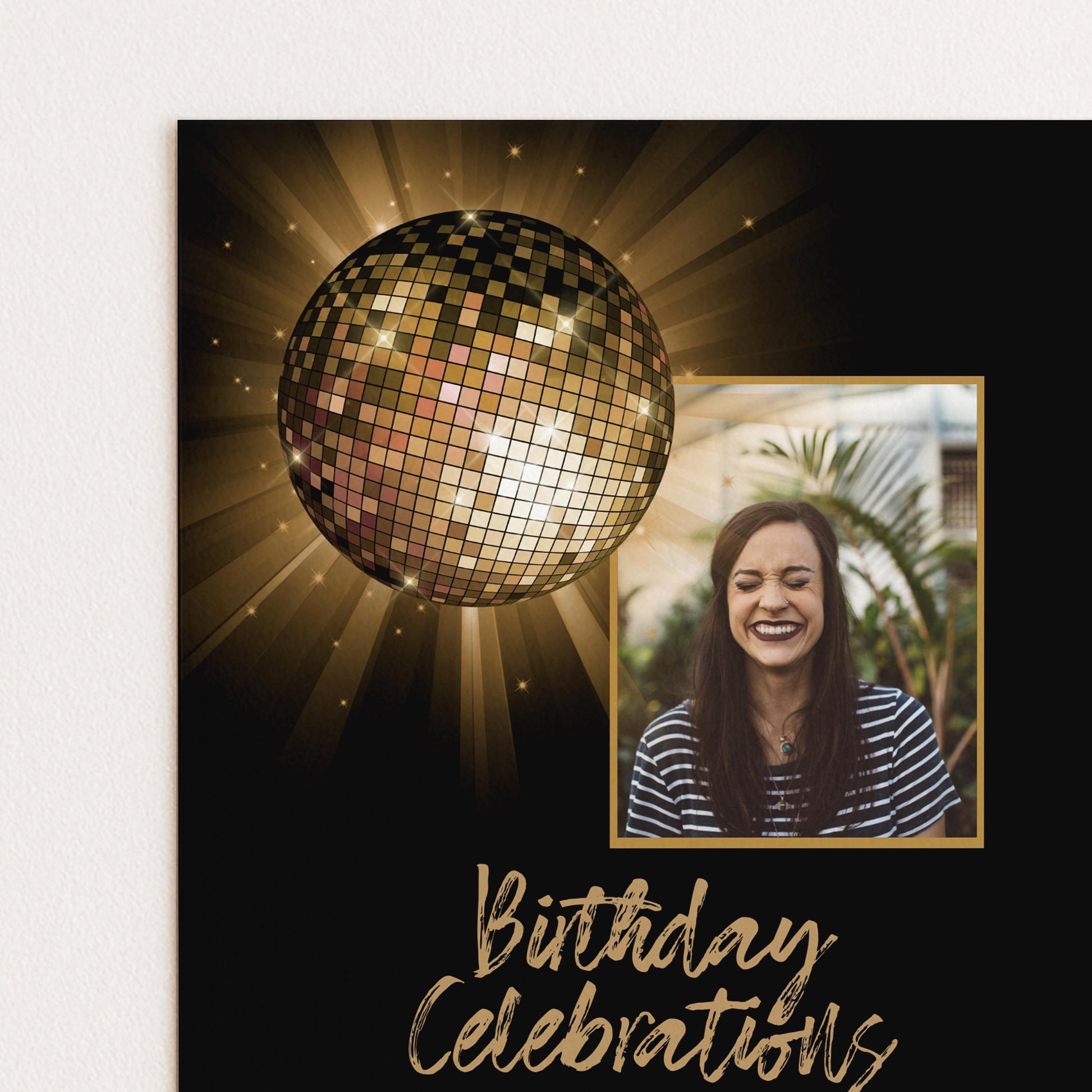 The image is a birthday celebration collage featuring a disco ball and a smiling woman.