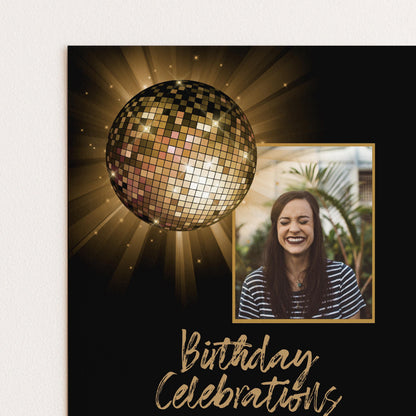 The image is a birthday celebration collage featuring a disco ball and a smiling woman.
