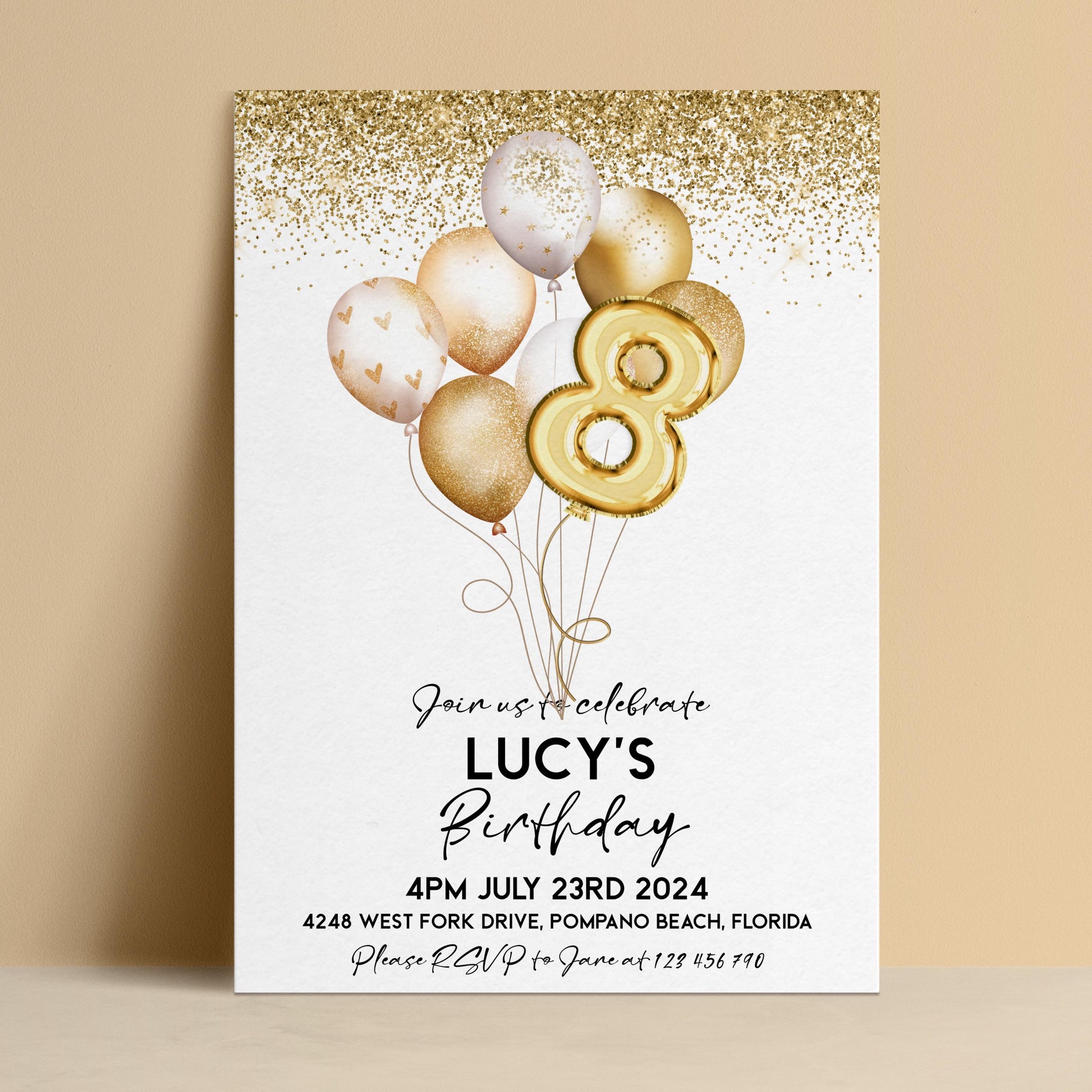 The image is a birthday invitation for a child named Lucy, celebrating her 8th birthday.