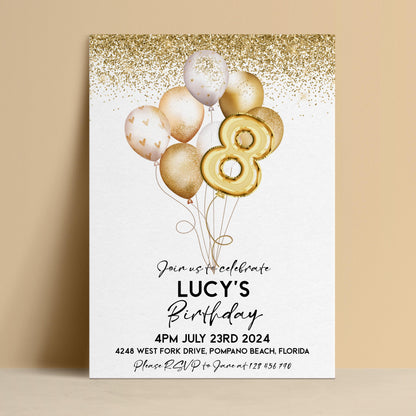 The image is a birthday invitation for a child named Lucy, celebrating her 8th birthday.