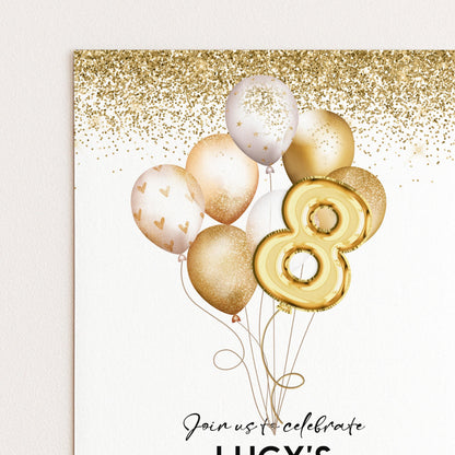 The image is a birthday party invitation featuring gold balloons and the number 8, along with the text "Join us to celebrate LUCY's 8th birthday".