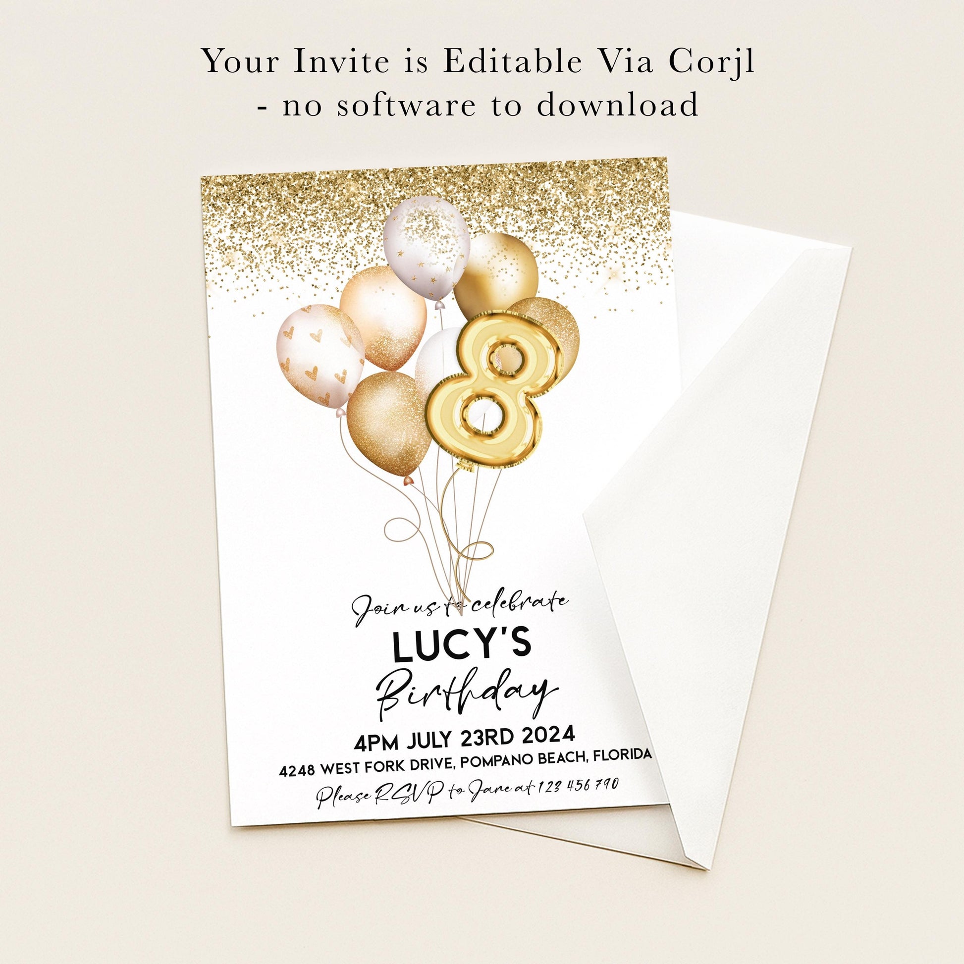 The image is a birthday invitation for a child named Lucy, celebrating her 8th birthday.