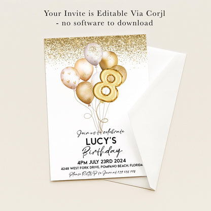 The image is a birthday invitation for a child named Lucy, celebrating her 8th birthday.