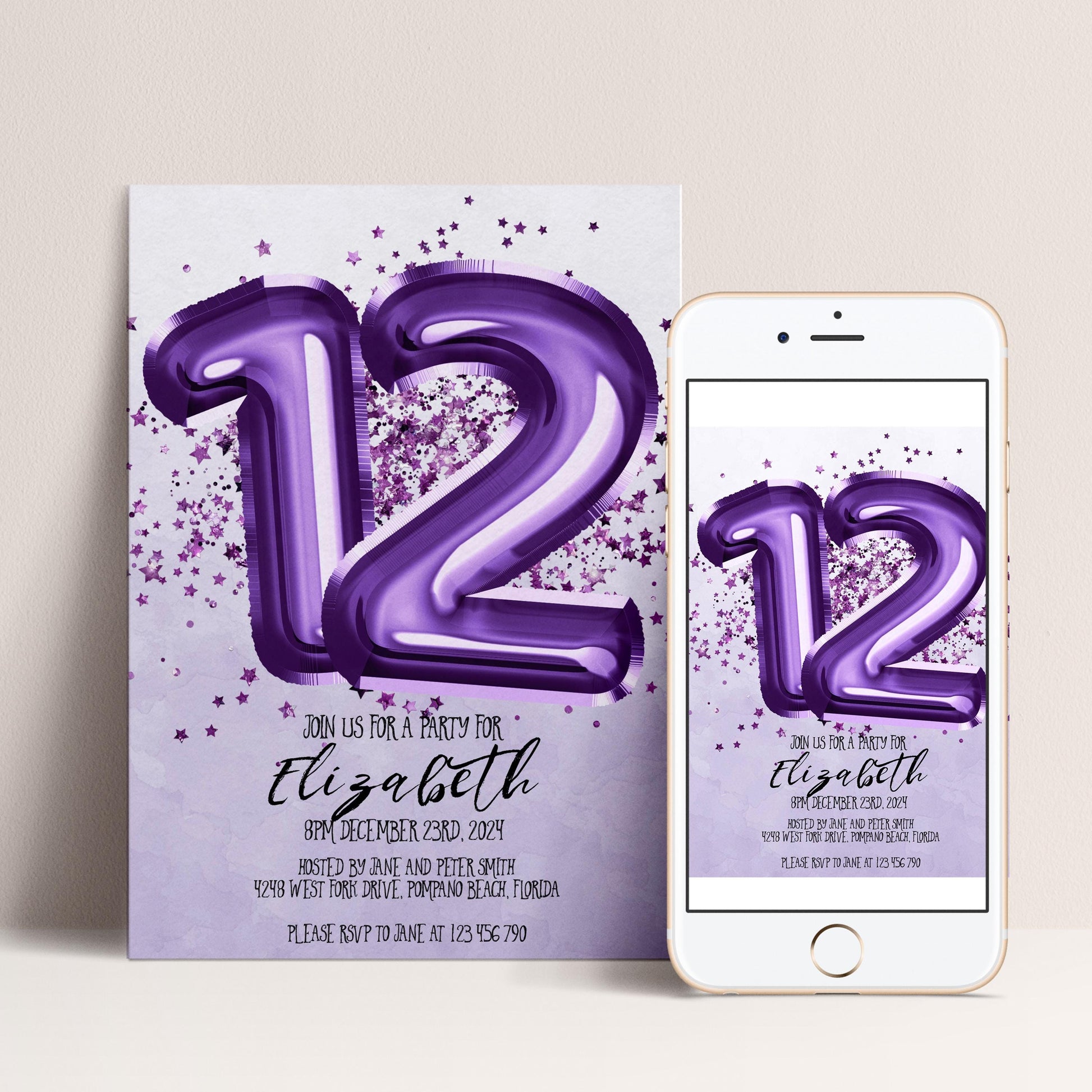 The image is a birthday party invitation for Elizabeth, who is turning 12 years old. The invitation is designed with purple and white colors, and it features a large number 12 along with purple stars. The text on the invitation provides details about the party, including the date, time, location, and RSVP instructions.