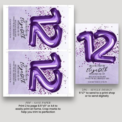 a purple and white design featuring the number 12 and stars, along with text that invites people to a party for Elizabeth.