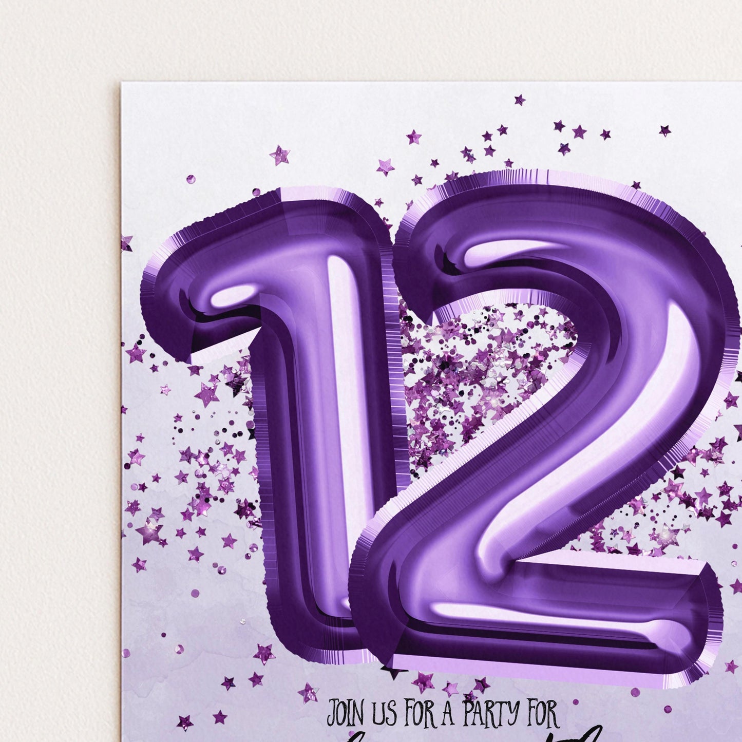 a large number 12 made of foil balloons, surrounded by purple stars, and the text "Join us for a party for 12" is displayed below the balloons.