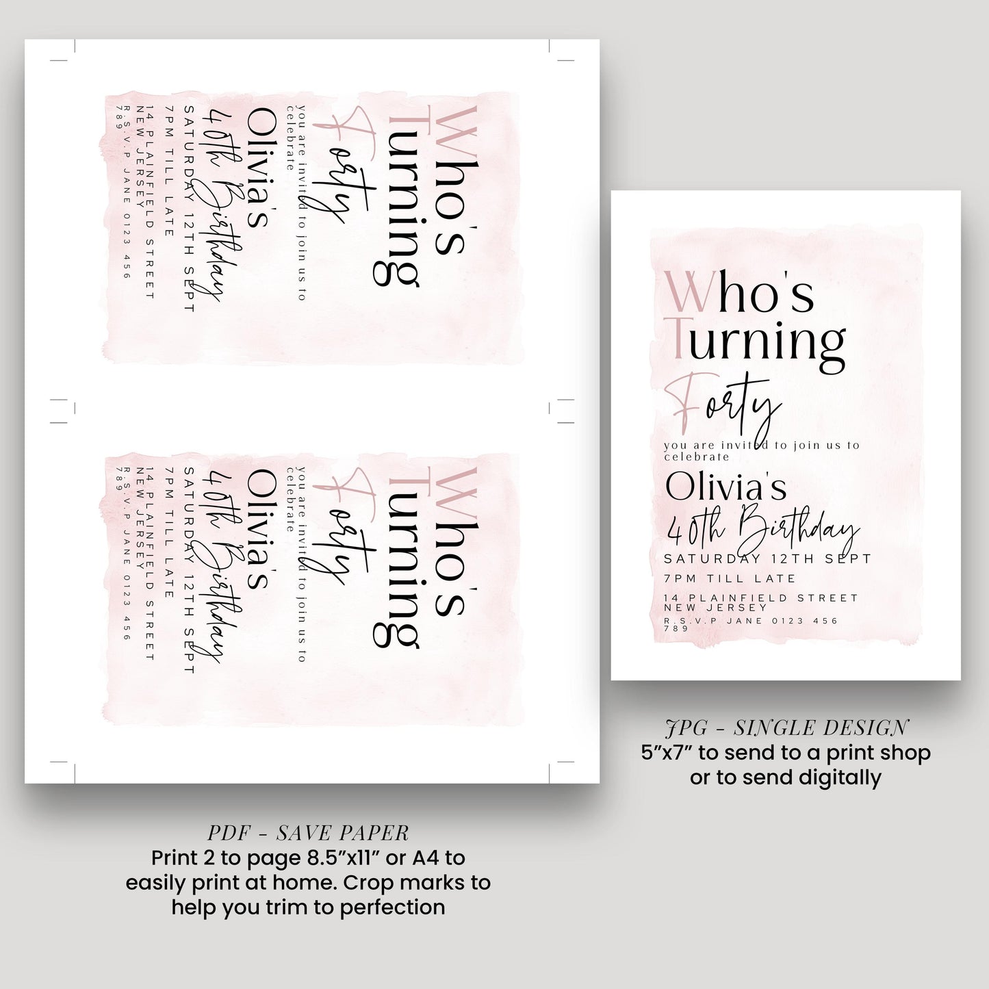 a pink and white birthday invitation for a 40th birthday party. The invitation is designed as a single page, with a 5"x7" size. It invites guests to join us to celebrate the birthday of Olivia, who is turning 40. The invitation includes details about the party, such as the date, time, location, and RSVP information. The invitation also provides instructions on how to print and send the invitation, including a save paper option.