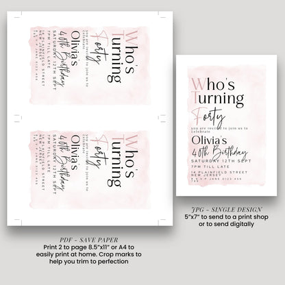 a pink and white birthday invitation for a 40th birthday party. The invitation is designed as a single page, with a 5"x7" size. It invites guests to join us to celebrate the birthday of Olivia, who is turning 40. The invitation includes details about the party, such as the date, time, location, and RSVP information. The invitation also provides instructions on how to print and send the invitation, including a save paper option.
