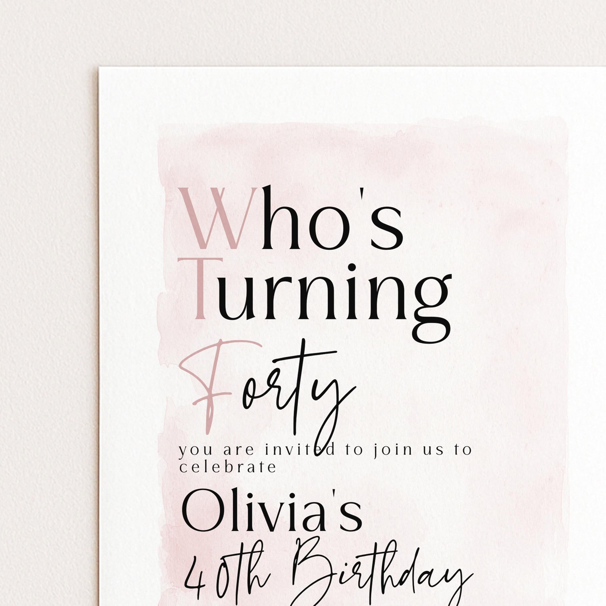 The image is a birthday invitation for a 40th birthday celebration.
