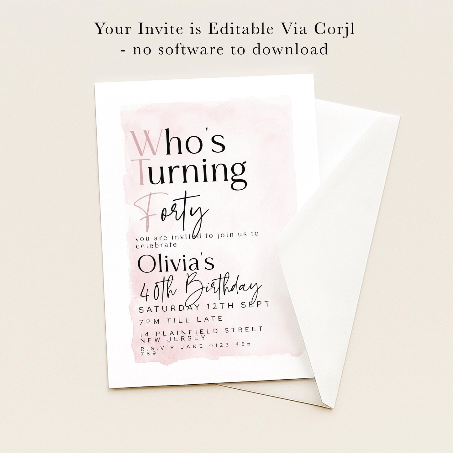The image is a birthday invitation for a 40th birthday celebration for a person named Olivia.