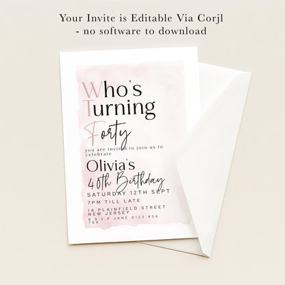 The image is a birthday invitation for a 40th birthday celebration for a person named Olivia.