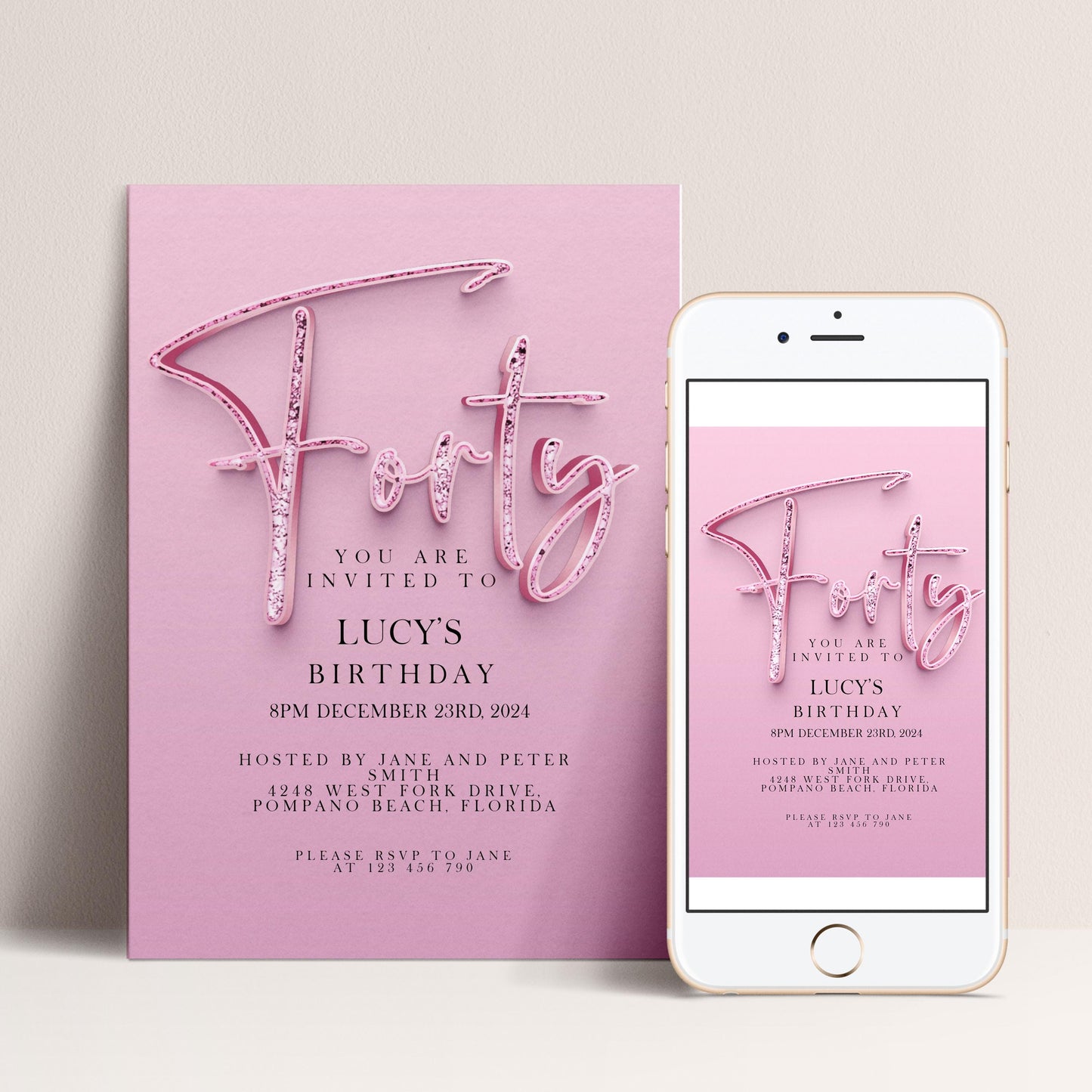 The image is a pink invitation card for a birthday party, specifically for Lucy's birthday.