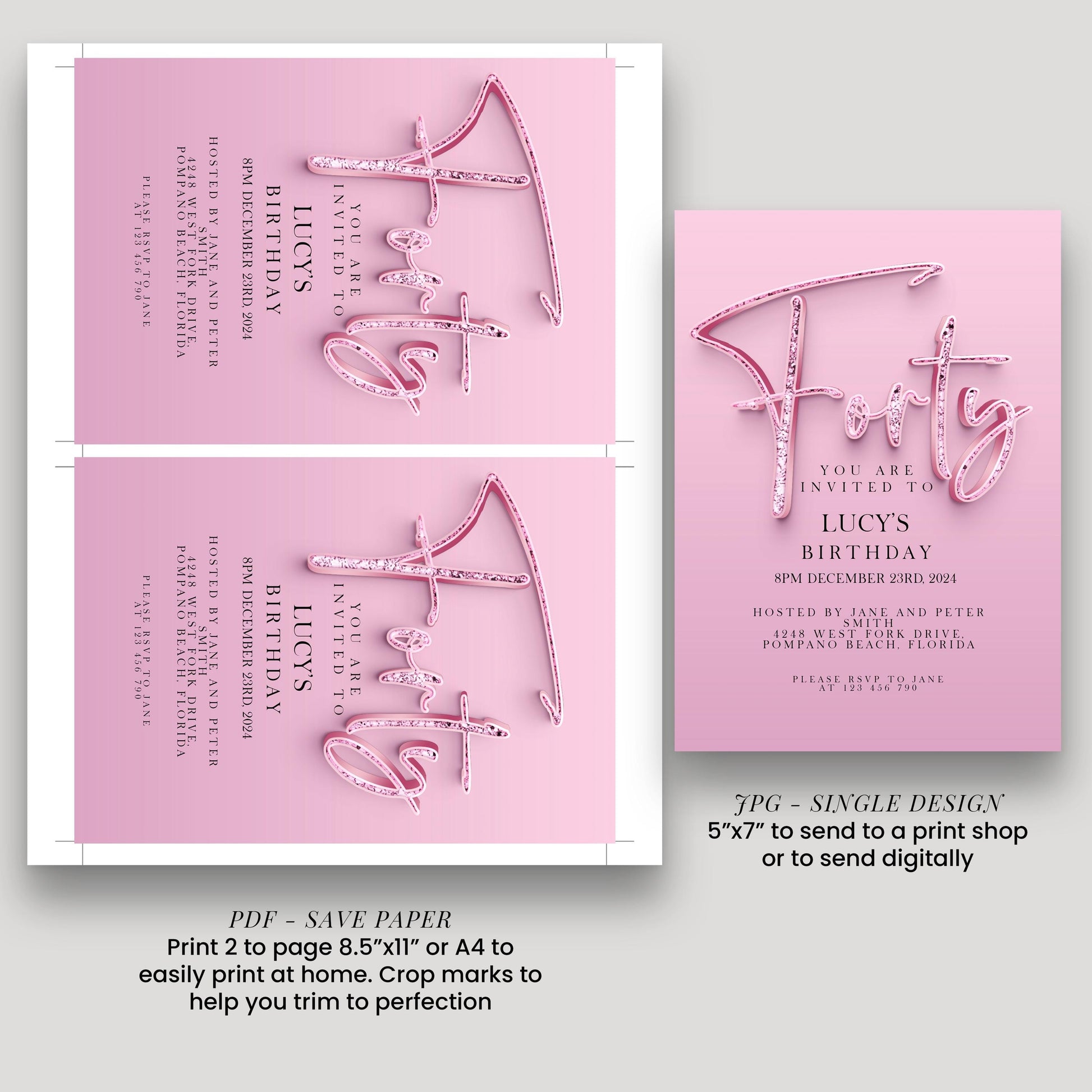 The image is a pink birthday invitation for Lucy's birthday party. It features the name "Lucy's" in pink cursive text and includes details about the party, such as the date, time, and location. The invitation also provides instructions for sending a print or digital copy, and includes a contact number for further information.