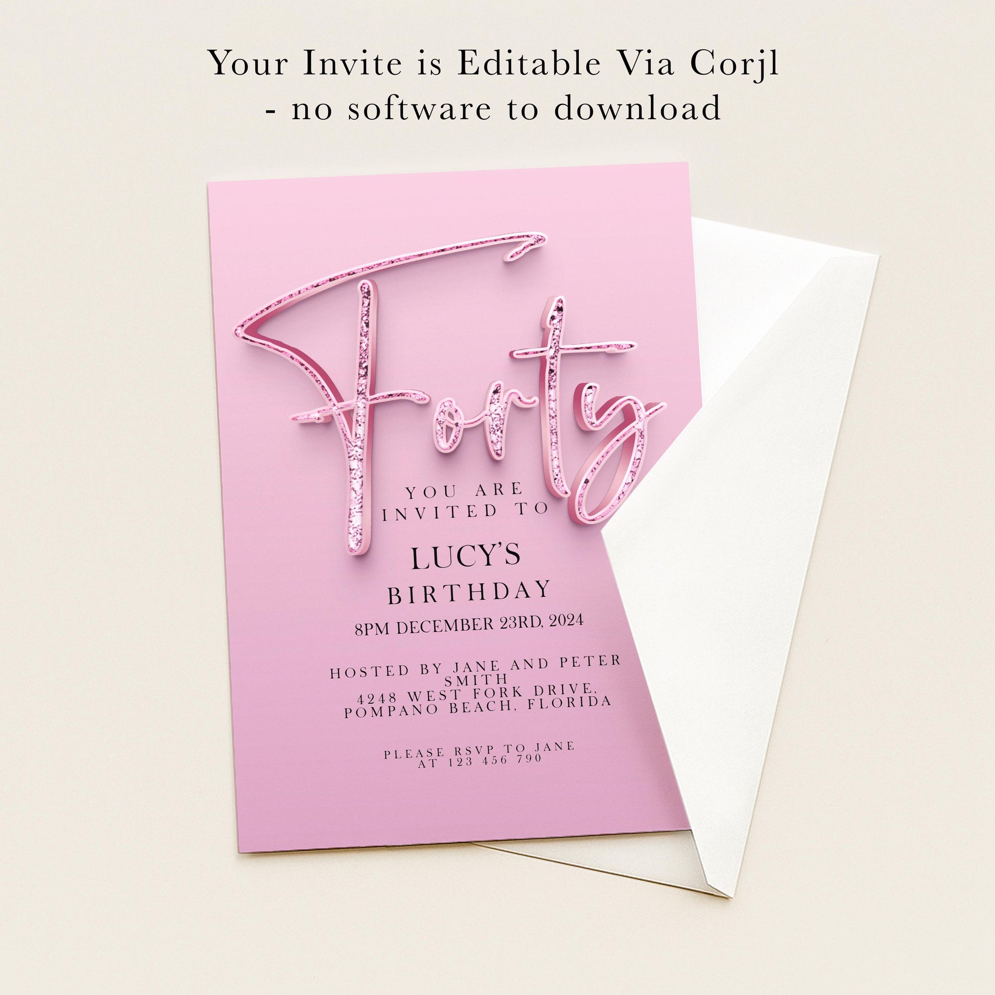 The image is a pink birthday invitation card for a 40th birthday party.