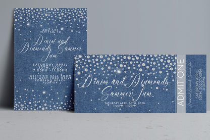 The image is a set of two invitation cards for a denim and diamonds summer jam event. The cards are set against a blue background with white polka dots, and they feature white text that invites guests to the event.