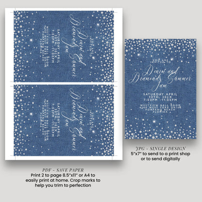 a collage of two blue invitation cards with white text and a starry background design. The text on the cards is white and includes details about an event, such as the date, time, location, and dress code. The cards are printed on a blue background with white dots, creating a visually appealing and festive design. The text on the cards is clear and easy to read, providing all the necessary information for guests to attend the event.