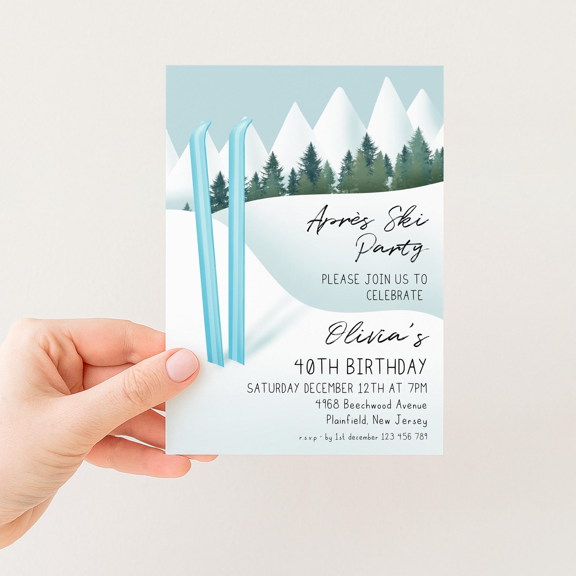 The image is a birthday party invitation for a 40th celebration. It features a winter scene with two blue skis and a snowy mountain landscape. The invitation invites guests to a party on Saturday, December 12th at 7 PM, at the 9th Beachwood Avenue, Plainfield, New Jersey.