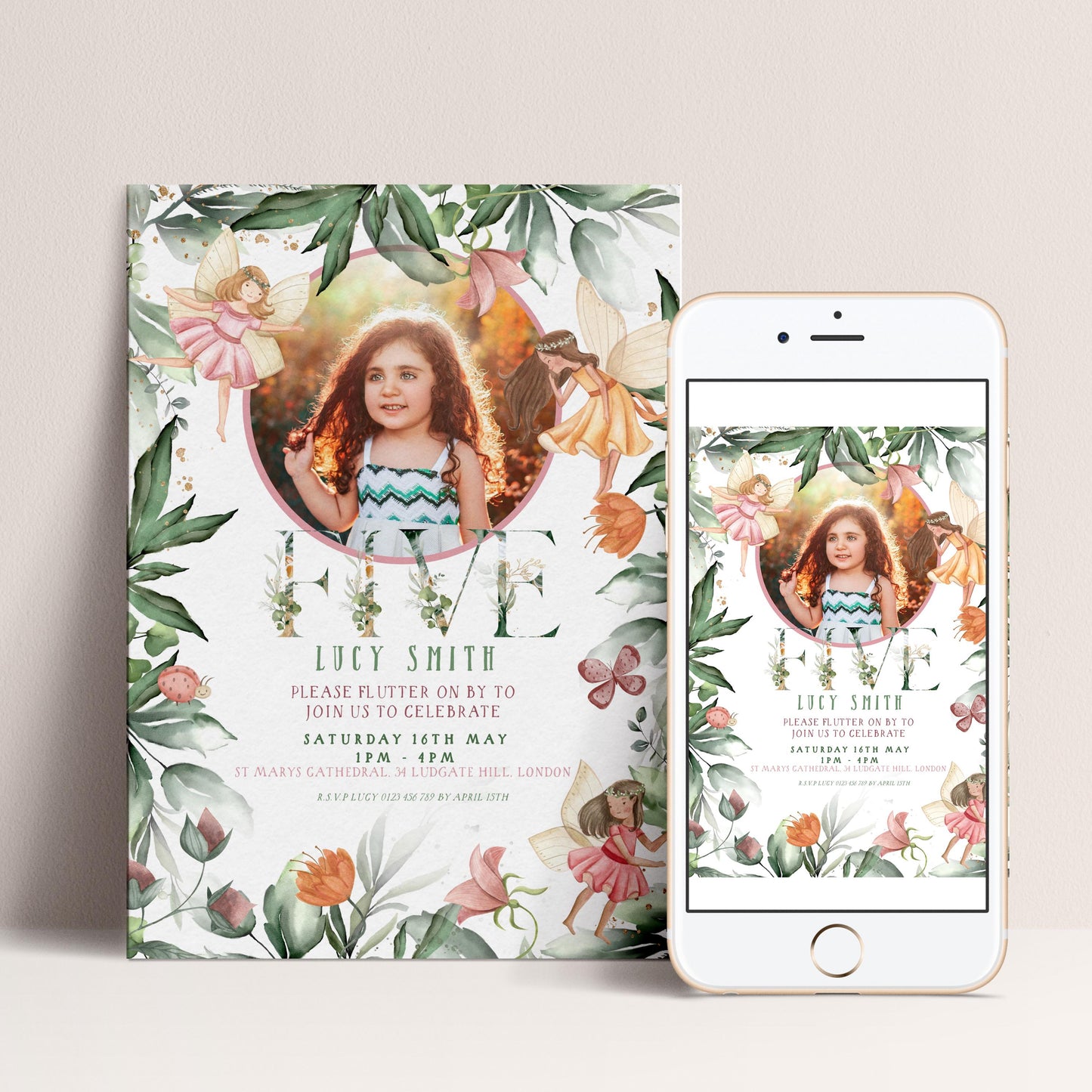 The image is a birthday invitation featuring a young girl surrounded by flowers and butterflies.