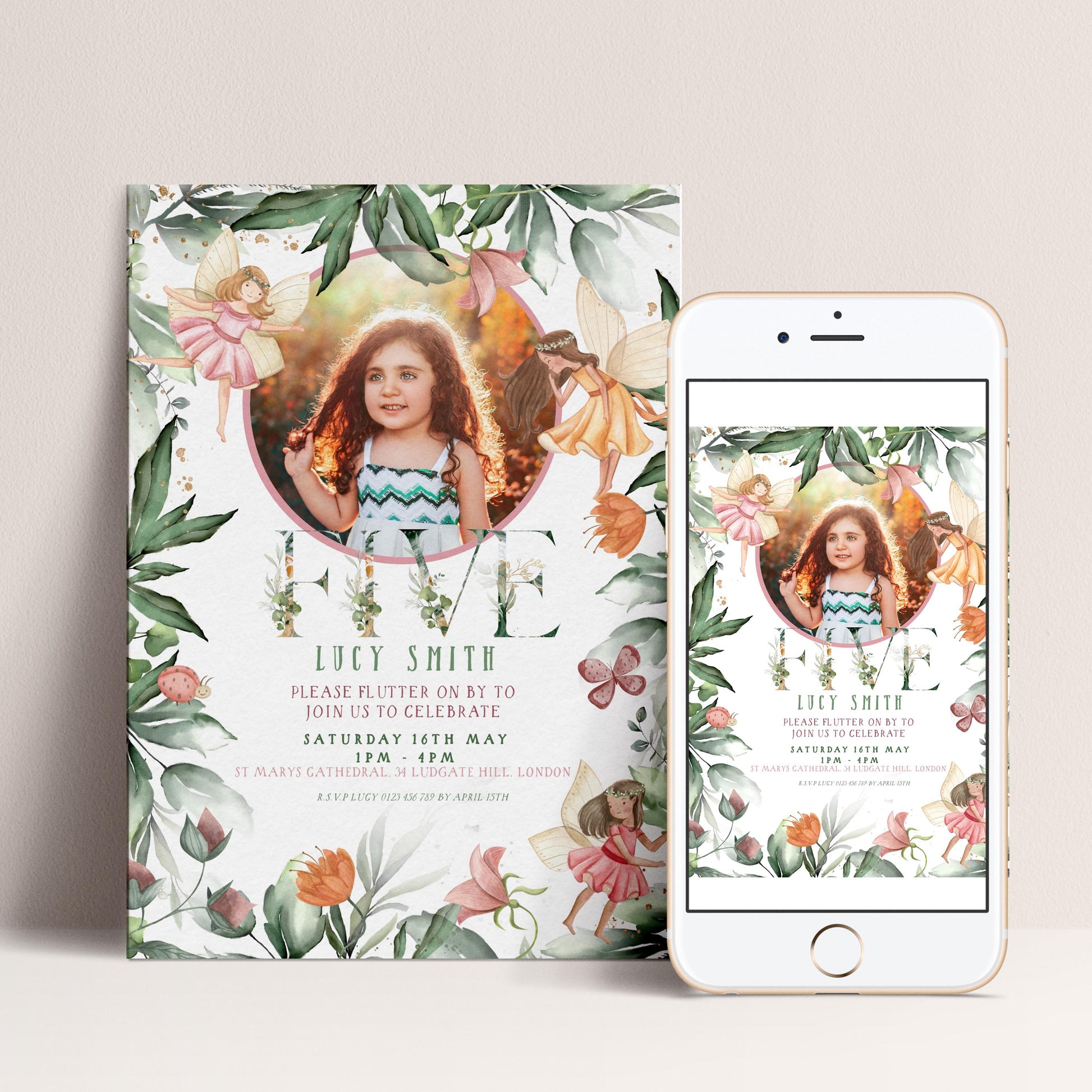 The image is a birthday invitation featuring a young girl surrounded by flowers and butterflies.