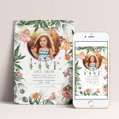 The image is a birthday invitation featuring a young girl surrounded by flowers and butterflies.