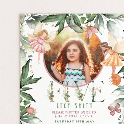The image is a birthday invitation for a young girl named Lucy Smith, featuring illustrations of fairies and flowers.