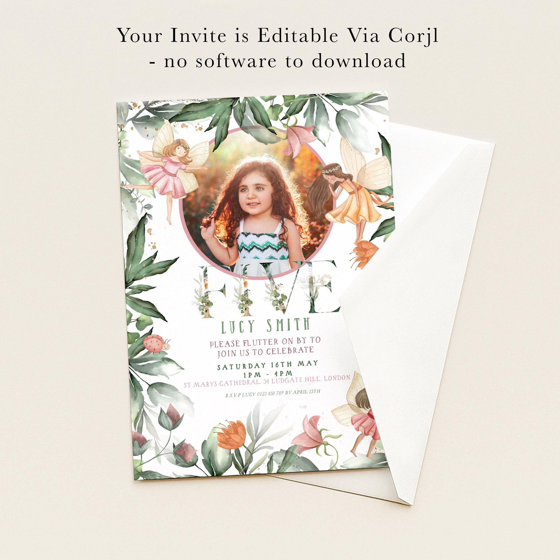 The image is a birthday invitation featuring a young girl surrounded by a floral border and a photo of her.