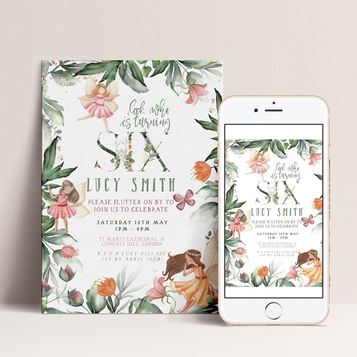 The image is a birthday invitation featuring a fairy theme, with illustrations of fairies and flowers. The invitation is for a birthday party for a child named Lucy Smith, and it is displayed on both a poster and a smartphone.