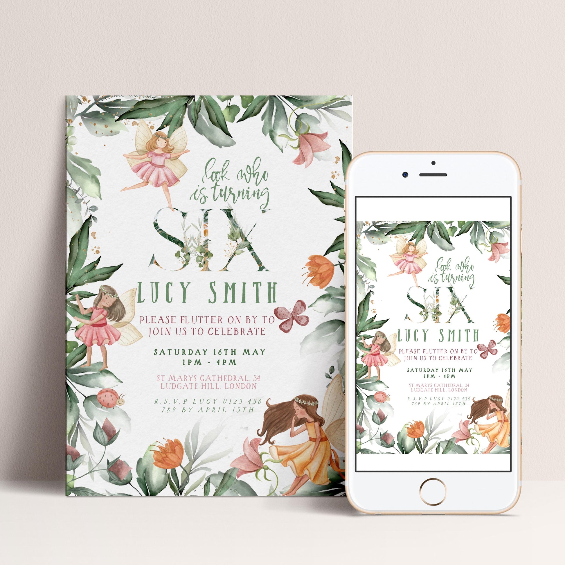 The image is a birthday invitation featuring a fairy theme, with illustrations of fairies and flowers. The invitation is for a birthday party for a child named Lucy Smith, and it is displayed on both a poster and a smartphone.