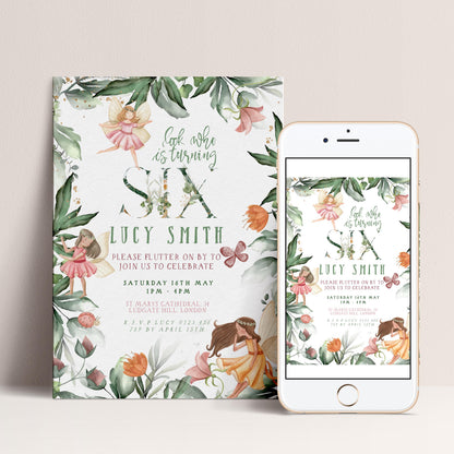 The image is a birthday invitation featuring a fairy theme, with illustrations of fairies and flowers. The invitation is for a birthday party for a child named Lucy Smith, and it is displayed on both a poster and a smartphone.