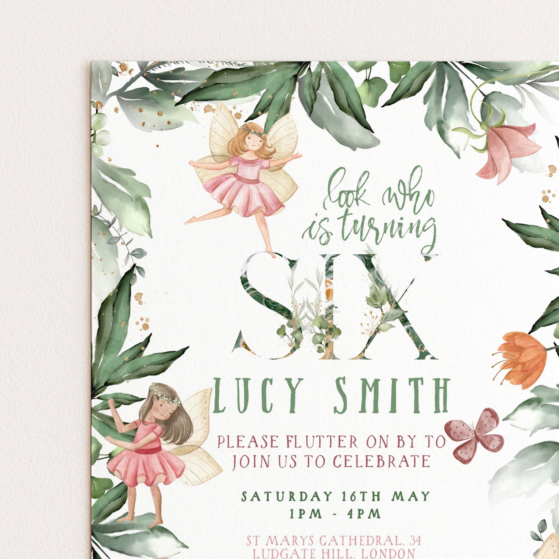 The image is a birthday invitation for a girl named Lucy Smith, who is turning six years old. The invitation features illustrations of fairies and flowers, and includes details about the event, such as the date, time, and location.