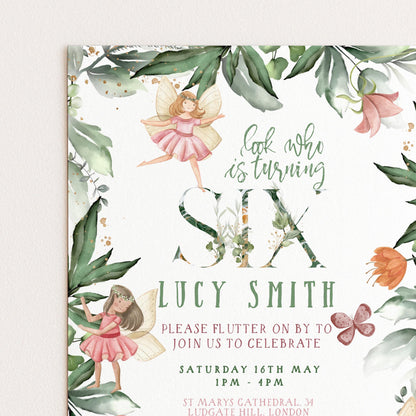 The image is a birthday invitation for a girl named Lucy Smith, who is turning six years old. The invitation features illustrations of fairies and flowers, and includes details about the event, such as the date, time, and location.