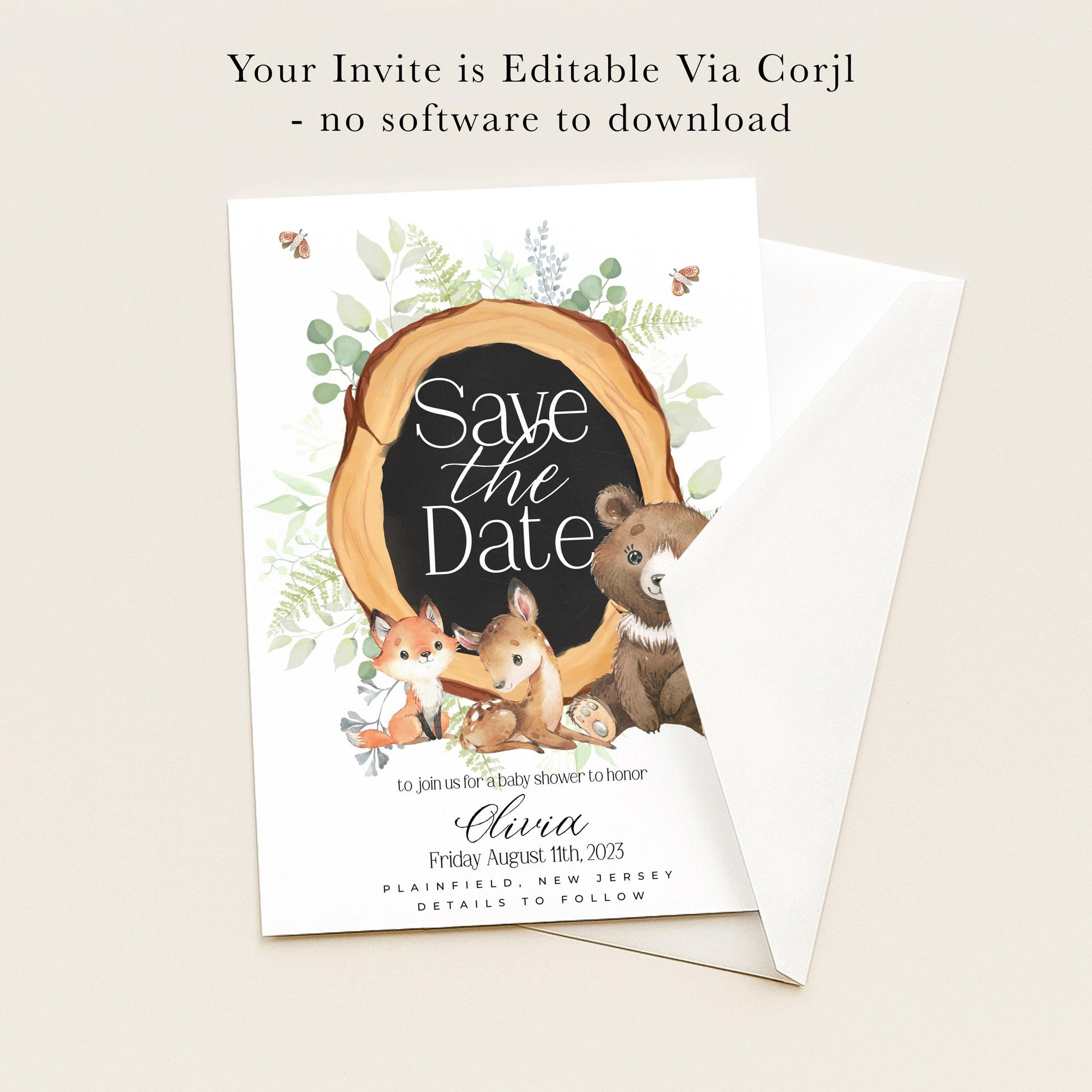 The image is a Save the Date invitation featuring a bear, a fox, and a rabbit, with a blackboard-style frame around the text.