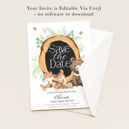 The image is a Save the Date invitation featuring a bear, a fox, and a rabbit, with a blackboard-style frame around the text.