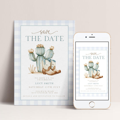 a wedding invitation featuring a cactus and cowboy boots design, along with details about the event.