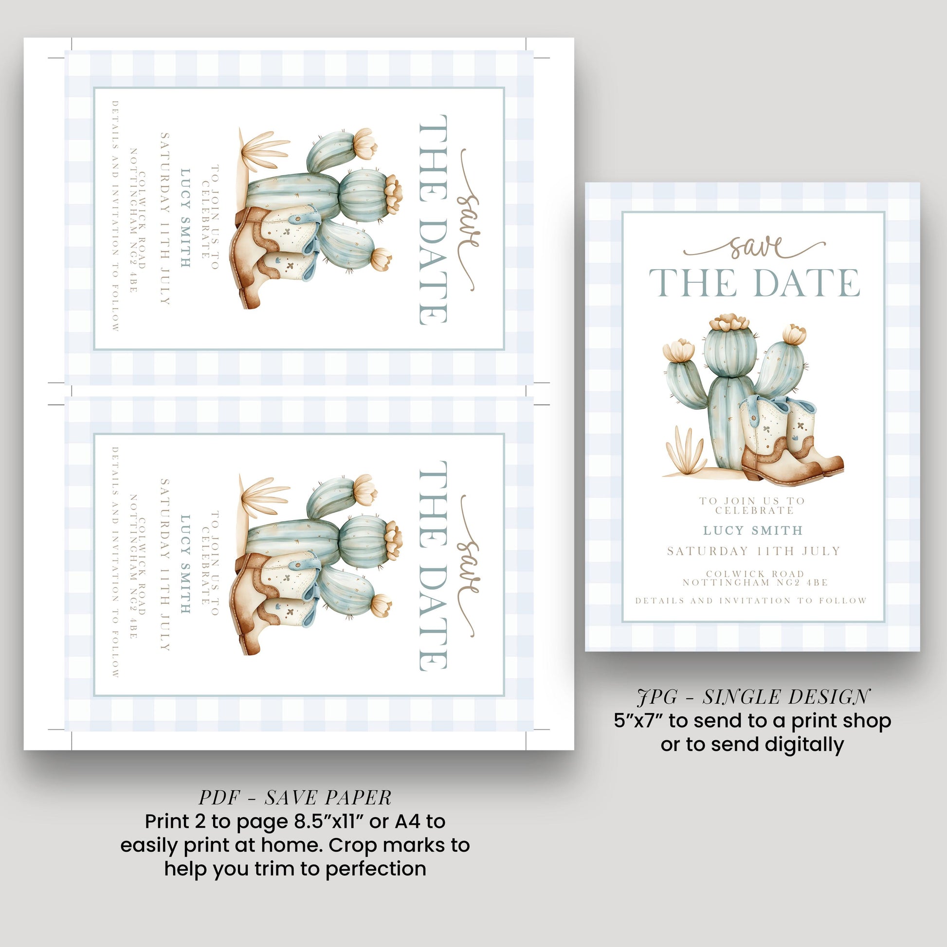 a save-the-date card featuring a cactus illustration, along with instructions for printing and sending the card.