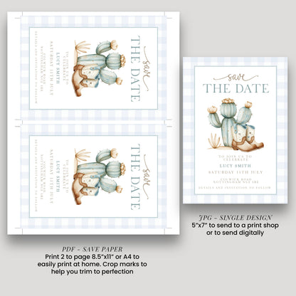 a save-the-date card featuring a cactus illustration, along with instructions for printing and sending the card.