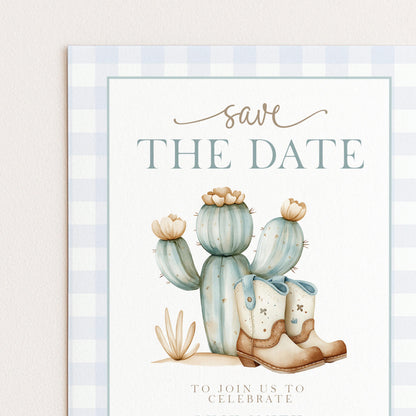 The image is a wedding invitation featuring a cactus and a pair of cowboy boots, with the text "Save the Date" and "To join us to celebrate" displayed prominently.