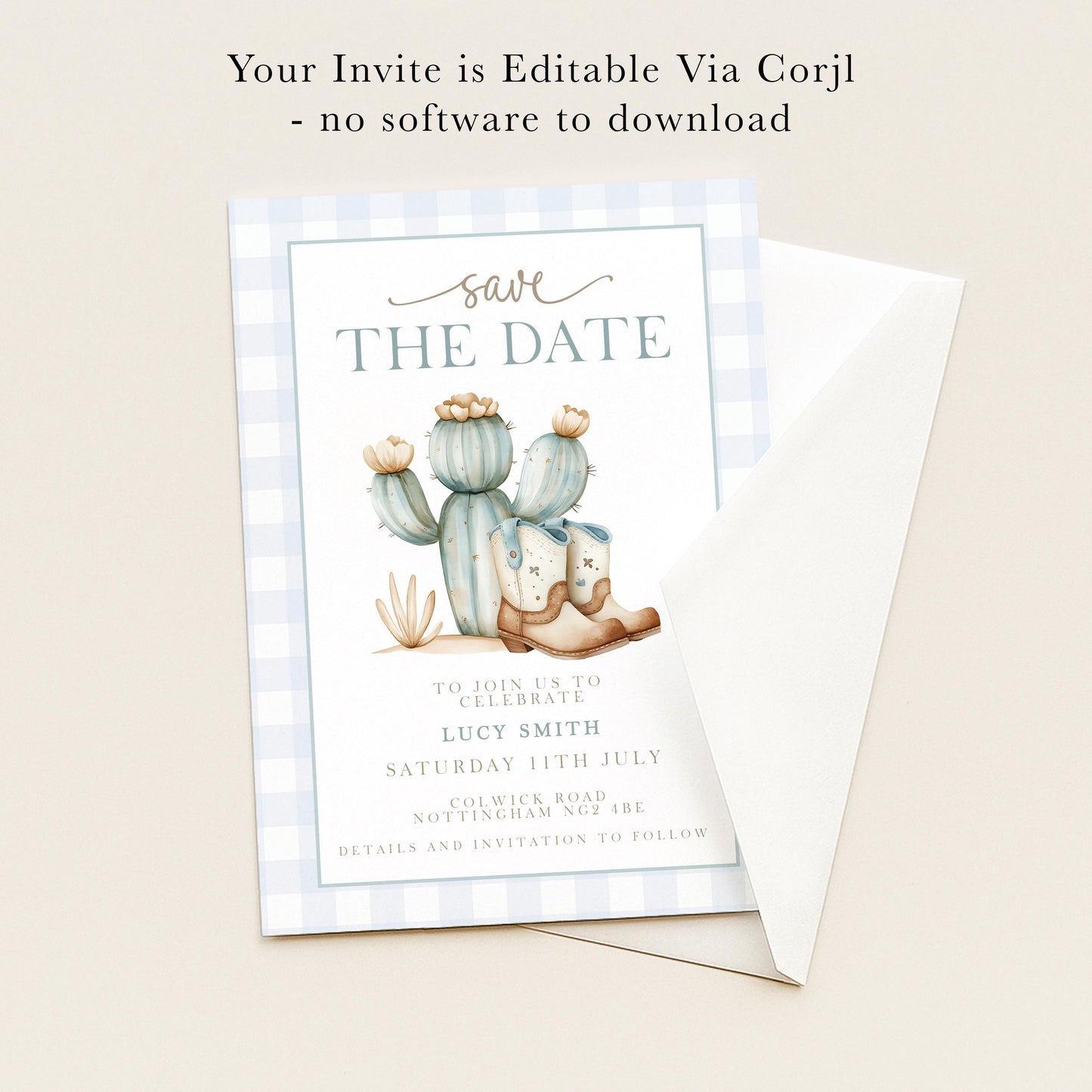 The image is a wedding invitation card with a blue and white checkered border, featuring a cactus illustration and the text "Save the Date" along with details about the upcoming celebration.