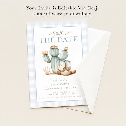 The image is a wedding invitation card with a blue and white checkered border, featuring a cactus illustration and the text "Save the Date" along with details about the upcoming celebration.